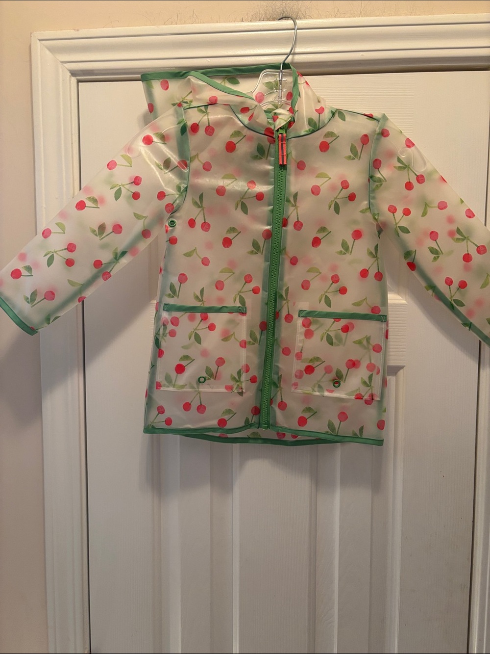 NWOT Cat & Jack Kids Clear Cherry-Print Rain Jacket with Green Trim